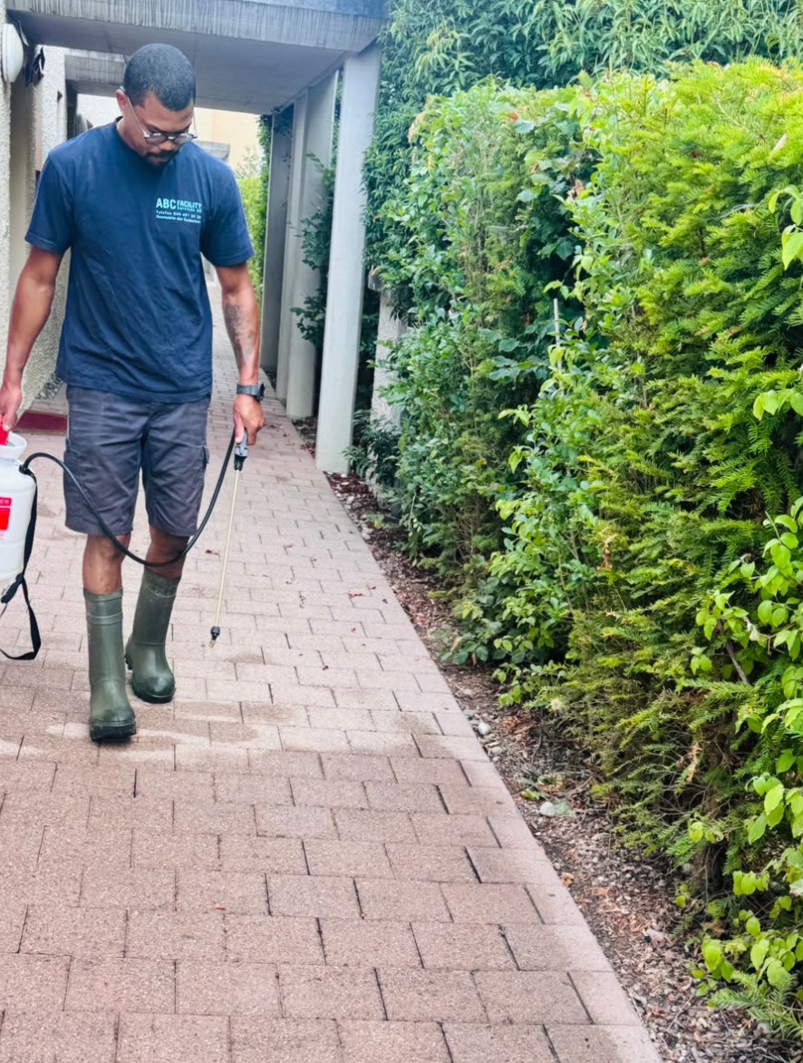 Mitarbeiter von ABC FACILITY Services bei der Behandlung eines Gehwegs gegen Algen und Moos